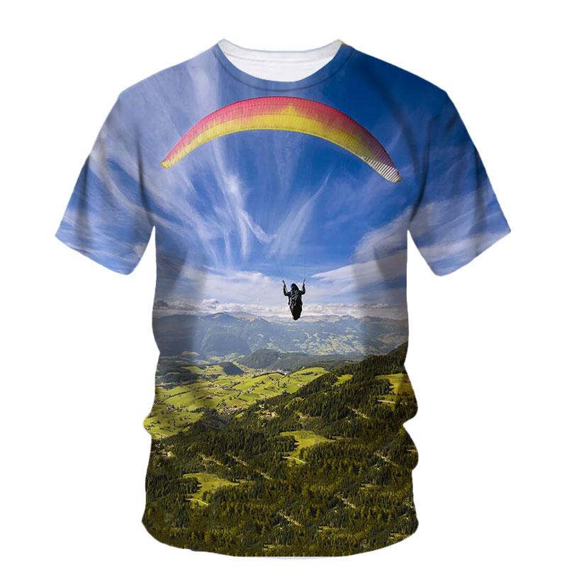 3D Parachute Paraglider Printed Casual Short Sleeved Children's Boy T-shirts  - Soft Medium Stretch Fabric Spring and Autumn Relaxed Fit Clothing