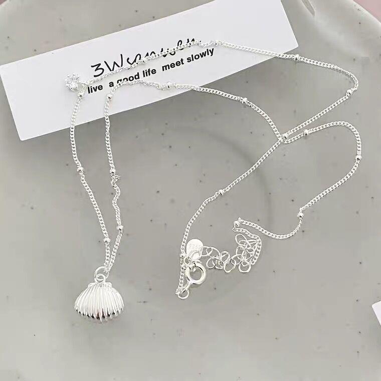 S925 Sterling Silver Christmas Scallop Necklace - Striped Shell & Bead Clavicle Chain, Korean Blogger Style