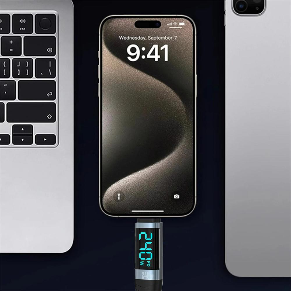 Кабель для быстрой зарядки Type C — Type C 240 Вт PD3.1 с цифровым дисплеем, кабель для передачи данных USB C для iPhone 15 16, Samsung, Huawei, планшета, ноутбука