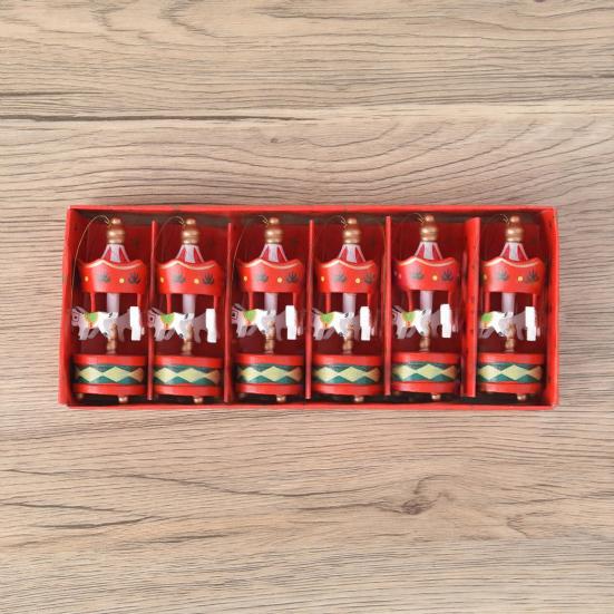 6Pcs Wooden Carousel Christmas Ornament Xmas Tree Hand-painted Merry-Go-Round Hanging Decoration Home Office Holiday Party Pendant