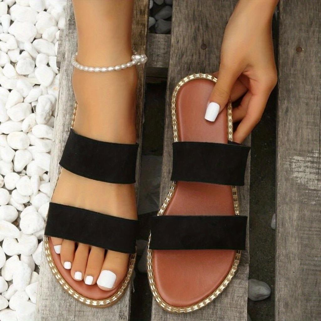 Женские шлепанцы на плоской подошве с двойным ремешком, противоскользящие туфли без шнуровки с круглым носком, универсальные пляжные шлепанцы на открытом воздухе