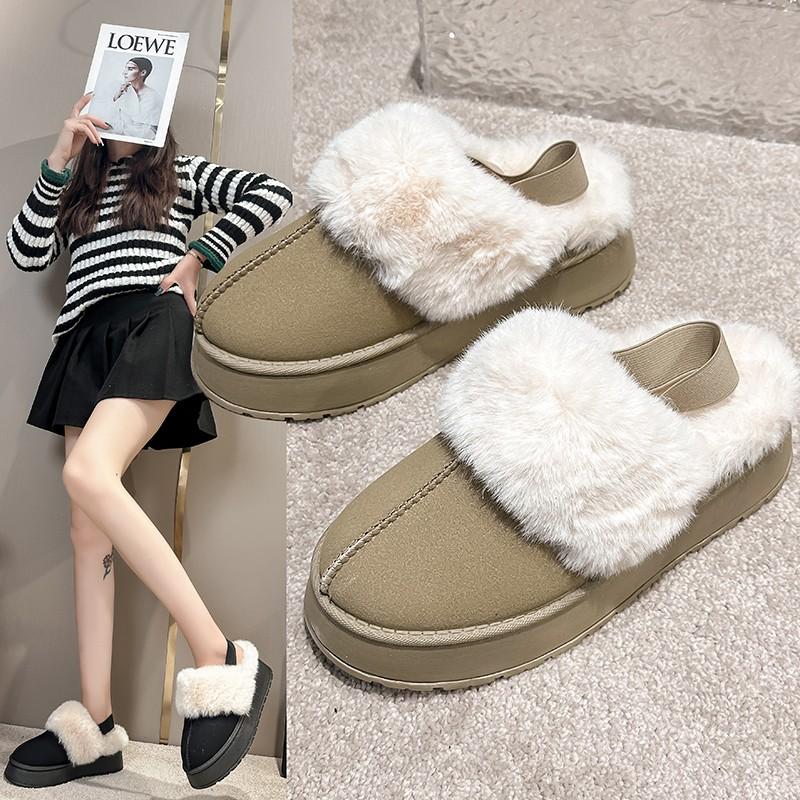 Fashion 2024 New Leather Women Fashion Winter Indoor Solid Color Suede Fur Slippers Ladies Home Platform Warm Slip-on Women's Shoes