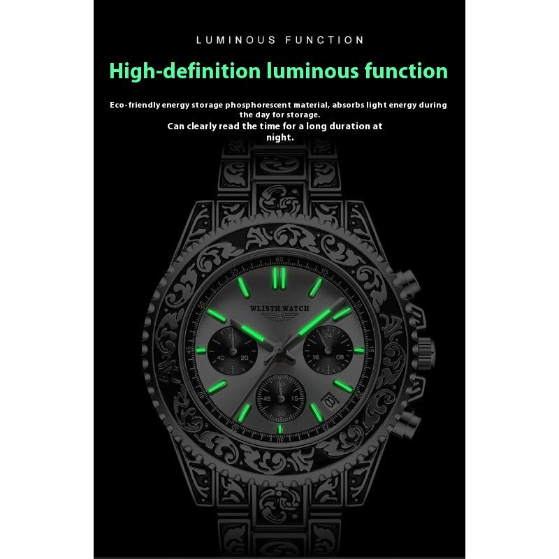 Многофункциональные мужские часы от ведущего бренда, ретро, светящиеся, резные, кварцевые, с календарем