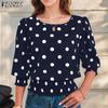 Женская повседневная блузка с круглым вырезом, рукавом 3/4 и свободным кроем, с принтом в горошек