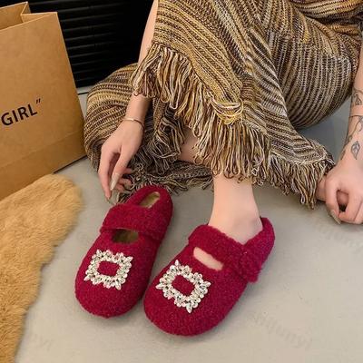Модные повседневные пушистые полутапочки женские туфли на плоской подошве модные дизайнерские туфли из хлопка со стразами для девочек домашняя зимняя трендовая элегантная обувь шлепанцы