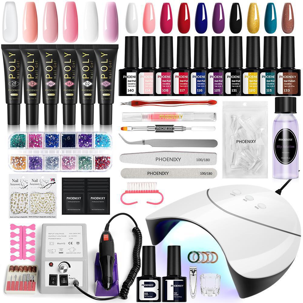 PHOENIXY Набор для дизайна ногтей 10 шт. Лак для ногтей 6 шт. Полигель для ногтей Набор с лампой для ногтей 36 Вт Маникюрные инструменты Набор фрез для ногтей Маникюрный салон