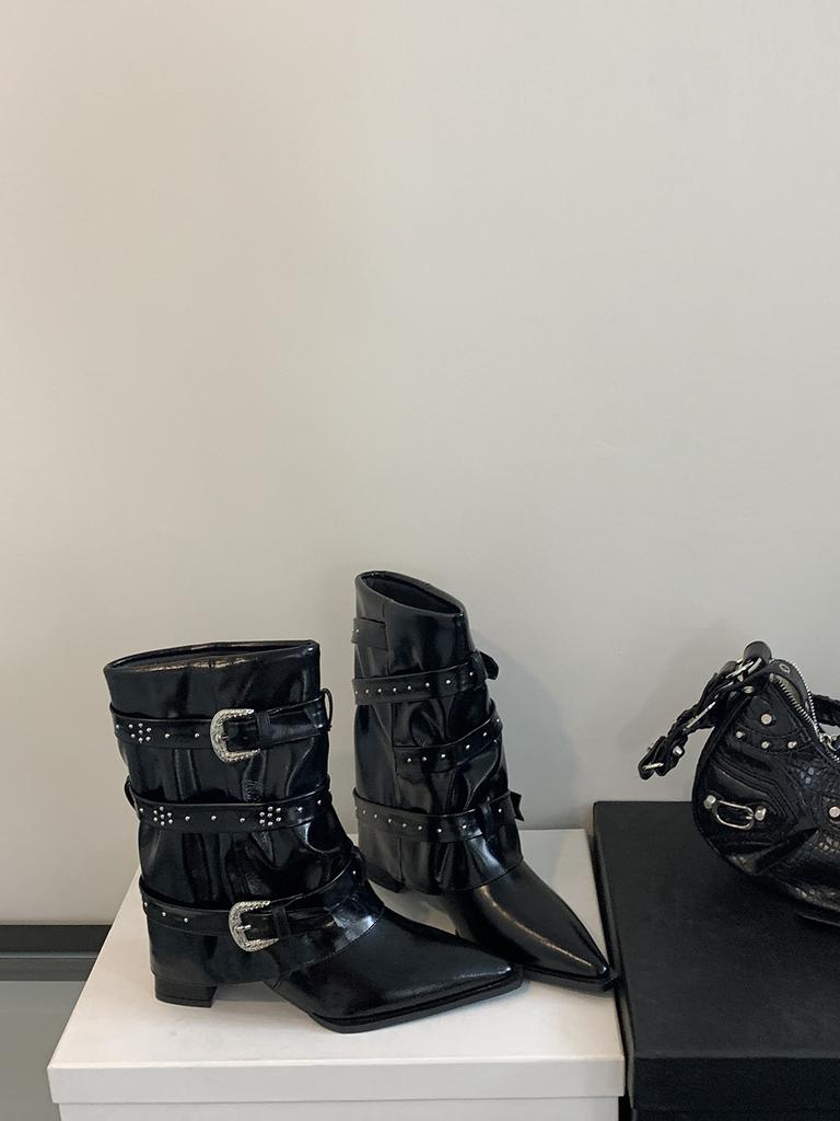 Модные женские сапоги с острым носком до середины голени, черные, коричневые, с пряжкой на ремне, на толстом высоком каблуке, женские, размер 35-39, модные туфли-лодочки