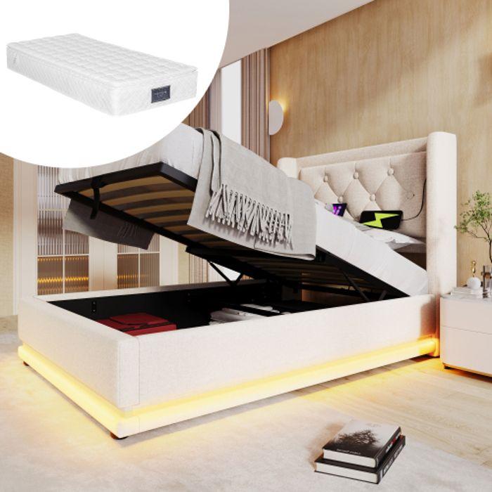 Lit simple - MUVOE - 90x200 cm - Tête de lit capitonnée - Recharge USB Type-C - LED intégrée