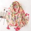 Early Spring Bright Color Tropical Plant Flower Print Cotton Linen Hand Touched Character Patterned Beach Towel Long Hanging Tassel Shawl For Women