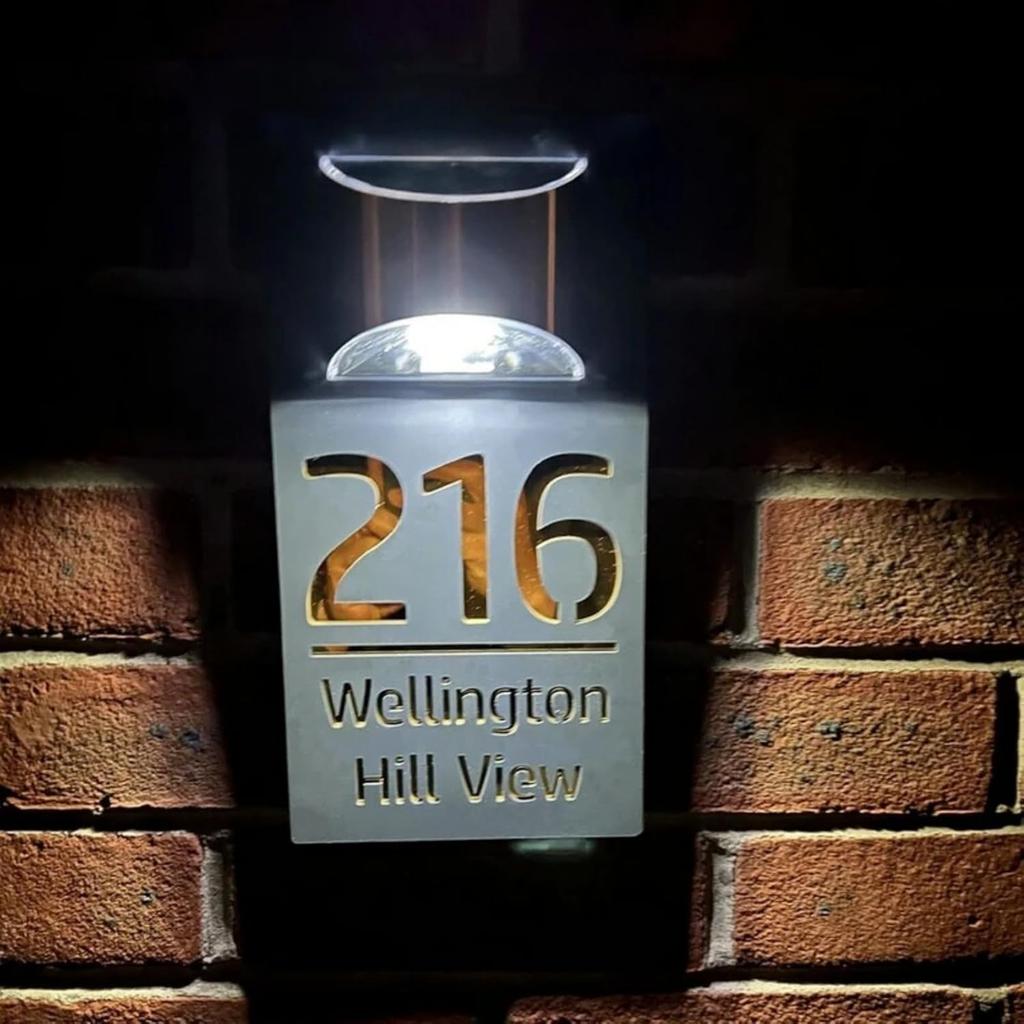 Персонализированная современная дверная табличка на солнечных батареях ZXH, адресная табличка со светодиодной подсветкой, индивидуальная 3D лазерная гравировка названия улицы, дома, адресная табличка, световая