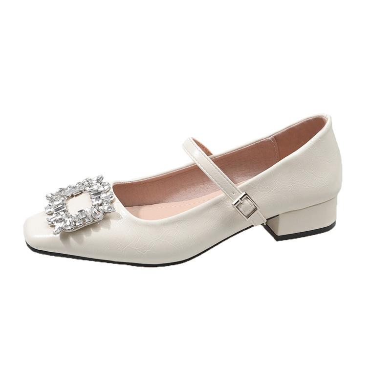 Туфли Мэри Джейн женские весна 2025 новые французские стразы квадратная пряжка модные одинарные туфли квадратный носок толстый каблук высокие каблуки женские