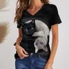 Summer Women's V-neck T-shirt Outdoor Casual Cat Three-dimensional Printing Short-sleeved Women's Clothing
