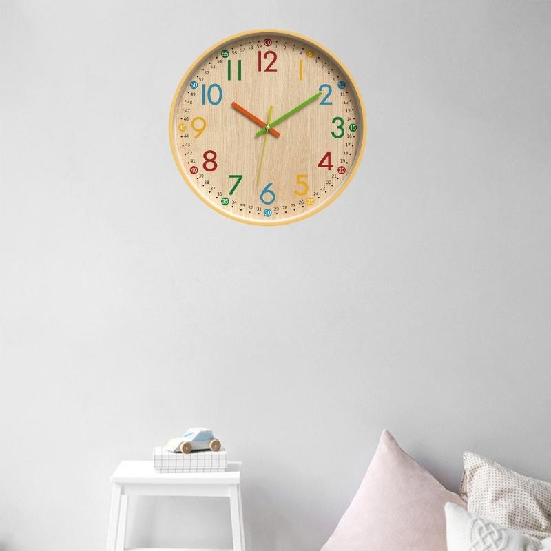 Colorful Numeral Wall Clock Easy Read Quiet Movement Wood Grains Battery Operated Clock for Home Office Classroom Decors