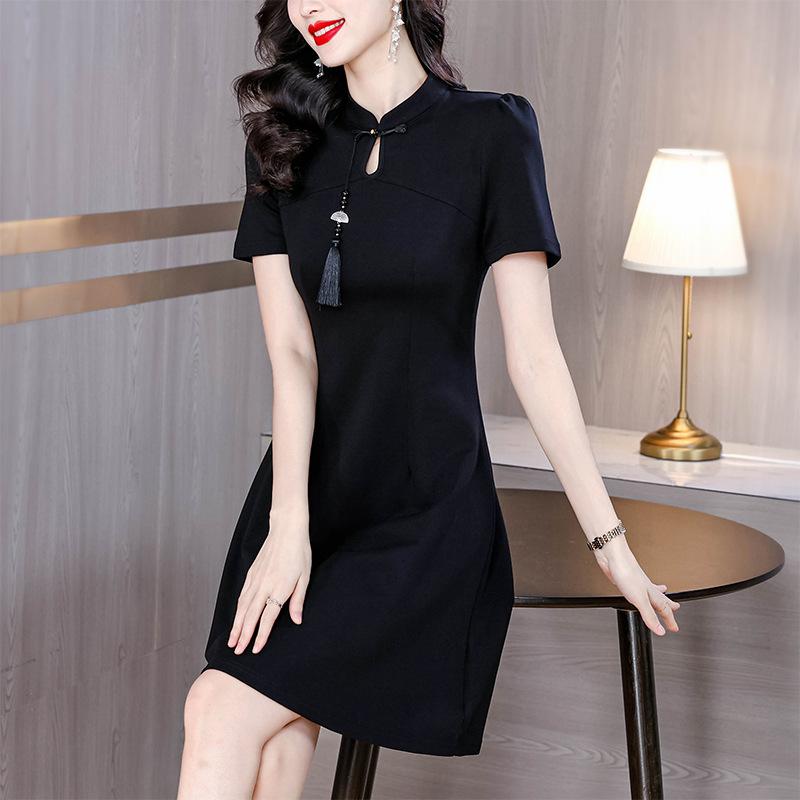 Summer New Slim New Chinese Buckle Small Black Dress Slim Elastic Meat Cover Dress