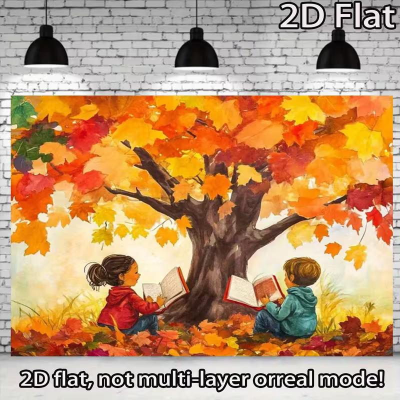 2D Autumn Reading Kids Backdrop, Fall Tree Book Scene Wall Hanging