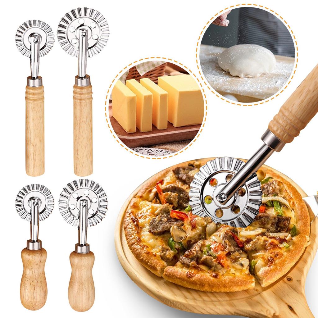2 Pcs Biscuits Wheel Cutter, Pasta Cutter Wheel, Ravioli Pizza Cutter Wheels With Long Wooden Handle Dumpling Lace Making Noodle Dough Ruffled Edge