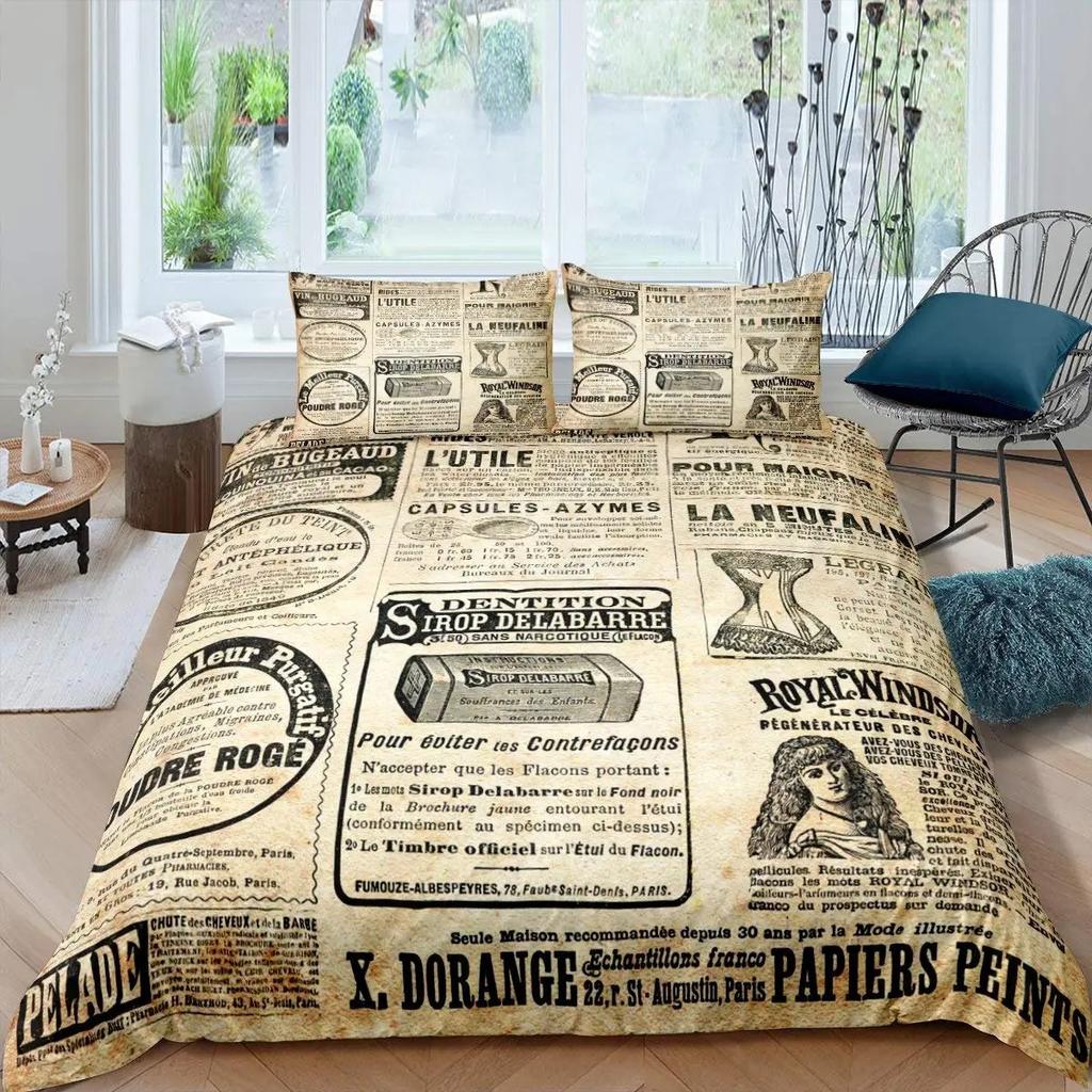 Old Newspaper Duvet Cover Vintage French Bedding Set Brown Quilt Cover For Boys Girls Teen QueenKing Microfiber Comforter Cover