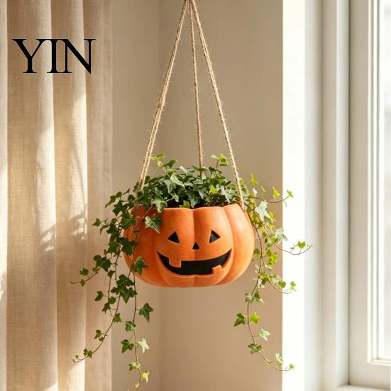 Versatile Tabletop Plant Vessel Pumpkin Shaped Hanging Pot, 4.3 Inch Lightweight Resin Flower Adjustable Decorative Container Rope Mini Pots