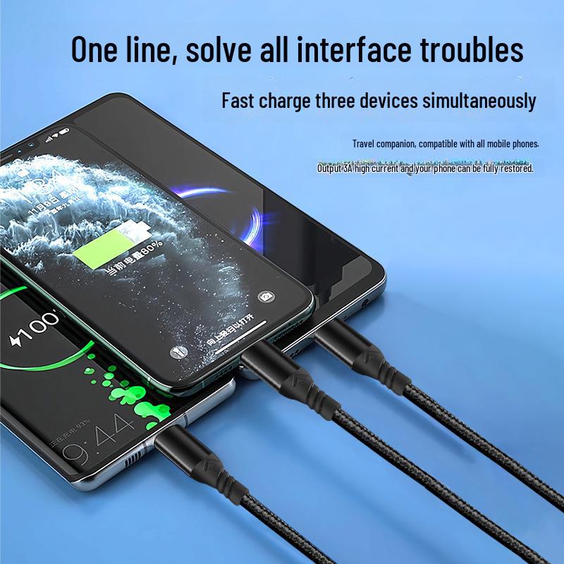 2-3 Port Fast Charging Cable: 5-in-1 Braided 3A for Apple iPhone, Huawei, Type-C Devices.