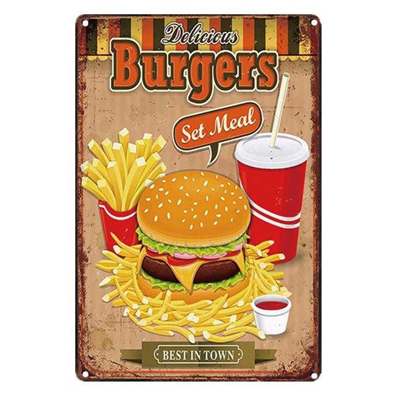 Shabby Chic Vintage Metal Tin Signs BBQ Fast Food Hamburger Cupcake Pop Corn Hot Dog Wall Decor for Kitchen Cafe Diner Bar