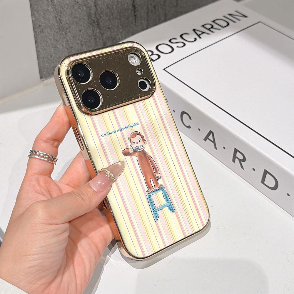 Lucky Start Phone Case For iPhone 17 16 15 14 13 12 11 Pro Max 16E Gold Electroplated glass shell  Brushing Monkey Cover