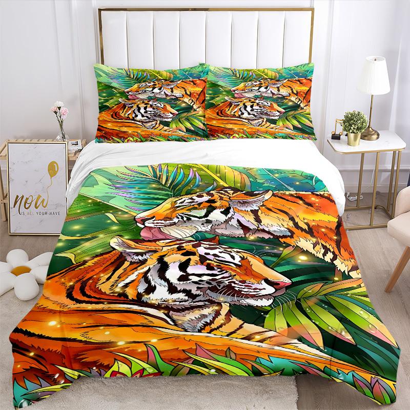 3pcs Tiger Print Duvet Cover Set - Machine Washable, Includes 1 Cover and 2 Pillowcases, No Core Included yy251013008