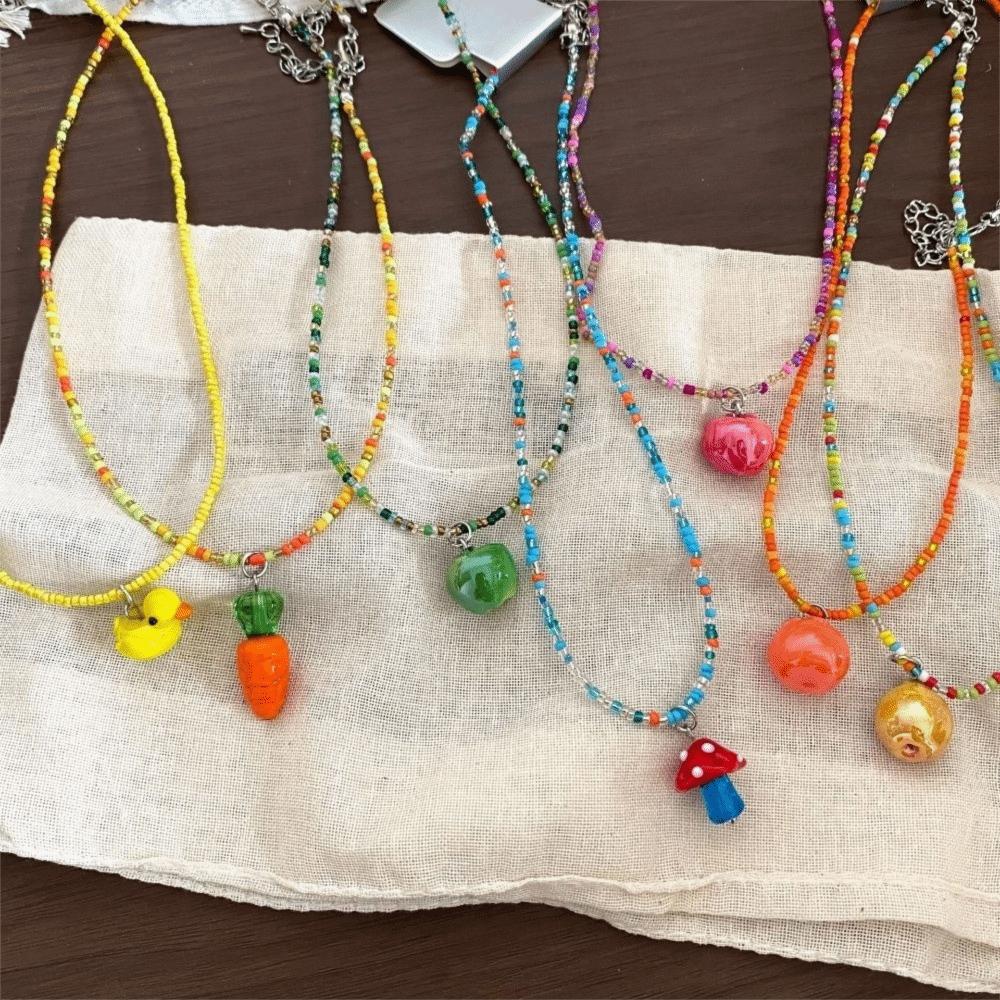 Various Fruit Pendant Necklace Rice Beads Pear Necklace Cute Persimmon Jewelry  Gift