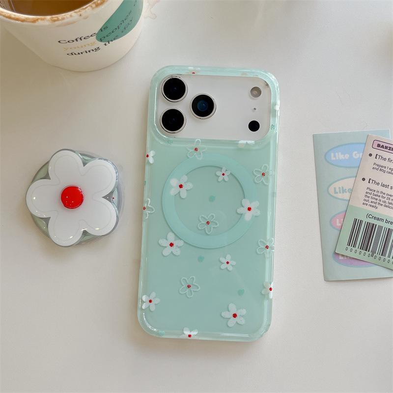 Mint Green & White Floral Magnetic Case for iPhone 17/16 Pro Max/15 Pro