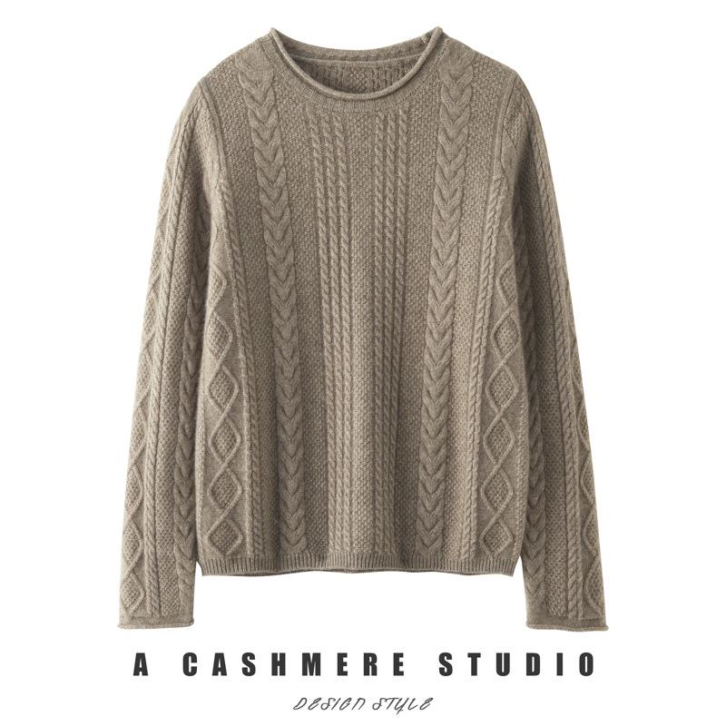 Women's Retro Cable Knit Cashmere Sweater, Round Neck with Rolled Hem, Thick Loose Fit, Cozy Inner/Base Layer.