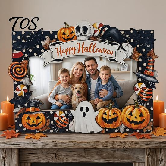 Indoor Holiday Table Decor Halloween Wooden Photo Frame, Pumpkin Ghost Cat Cutout Picture Autumn Tabletop Decoration Holder, Double-sided for