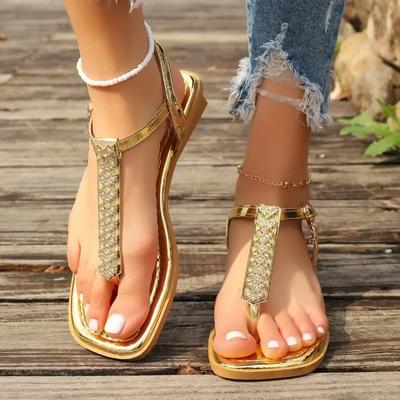 Модные роскошные сандалии 2024 года, лето, новые металлические украшения, плоская подошва, нескользящие женские дизайнерские сенсорные сандалии Zapatos De Mujer
