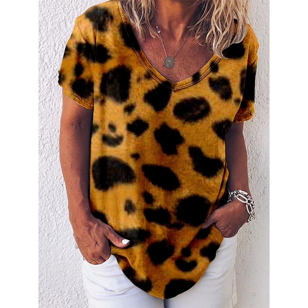 Leopard 3D Print T-shirt for Women Y2k Vintage Tops Harajuku Streetwear V-neck T-shirts Oversized Clothes for Women and Girl