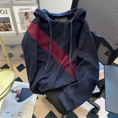 Американская толстовка с капюшоном в стиле пэчворк с цветными блоками на молнии для мужчин и женщин, повседневный кардиган с капюшоном в стиле ретро