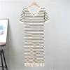 Женское летнее повседневное вязаное полосатое платье с коротким рукавом и кисточками, средней длины