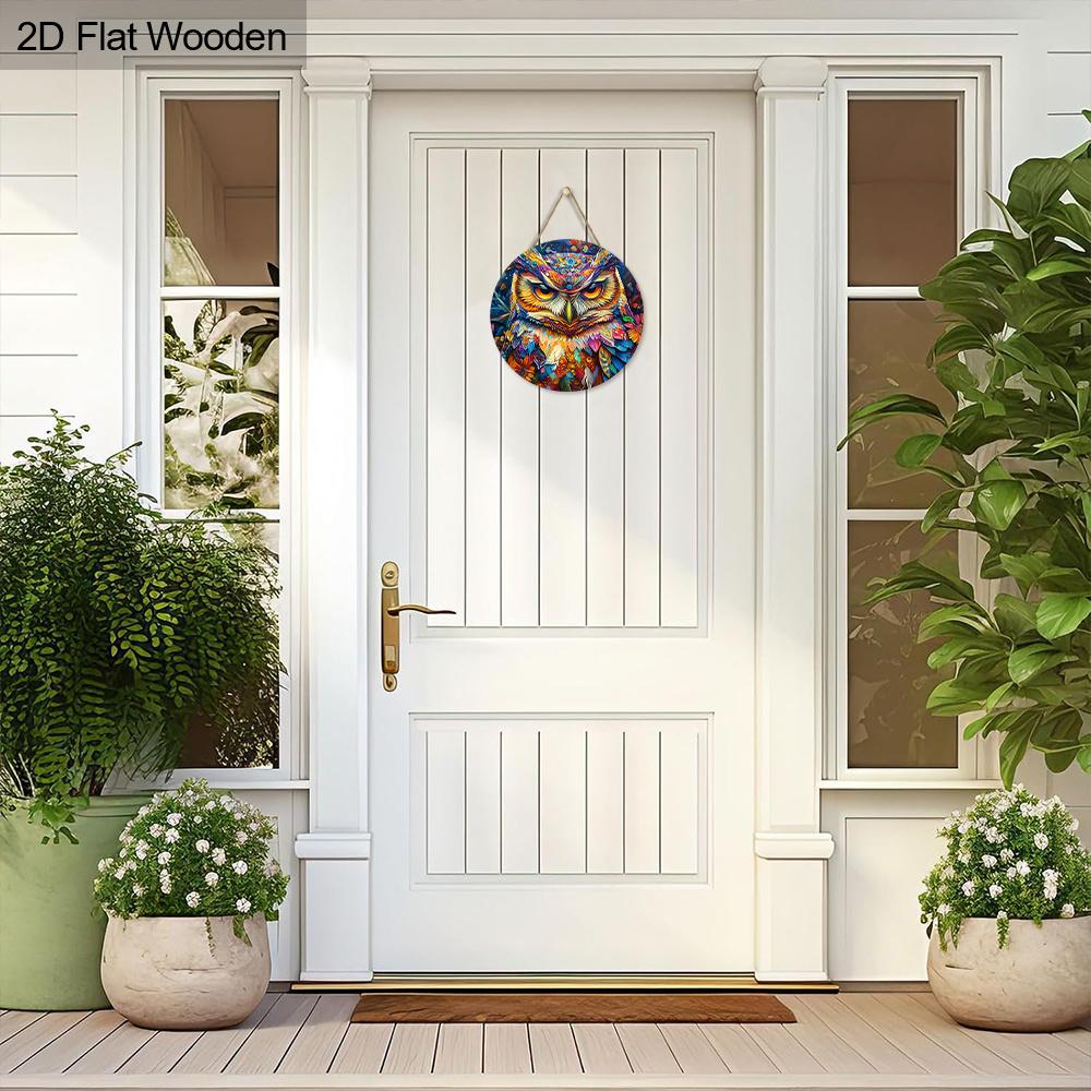 Decorative Hanging Wooden Sign with Cool Owl Pattern - Charming Round Sign for Front Door, Wall Hanging Decor - Ideal Home Hanging Ornament