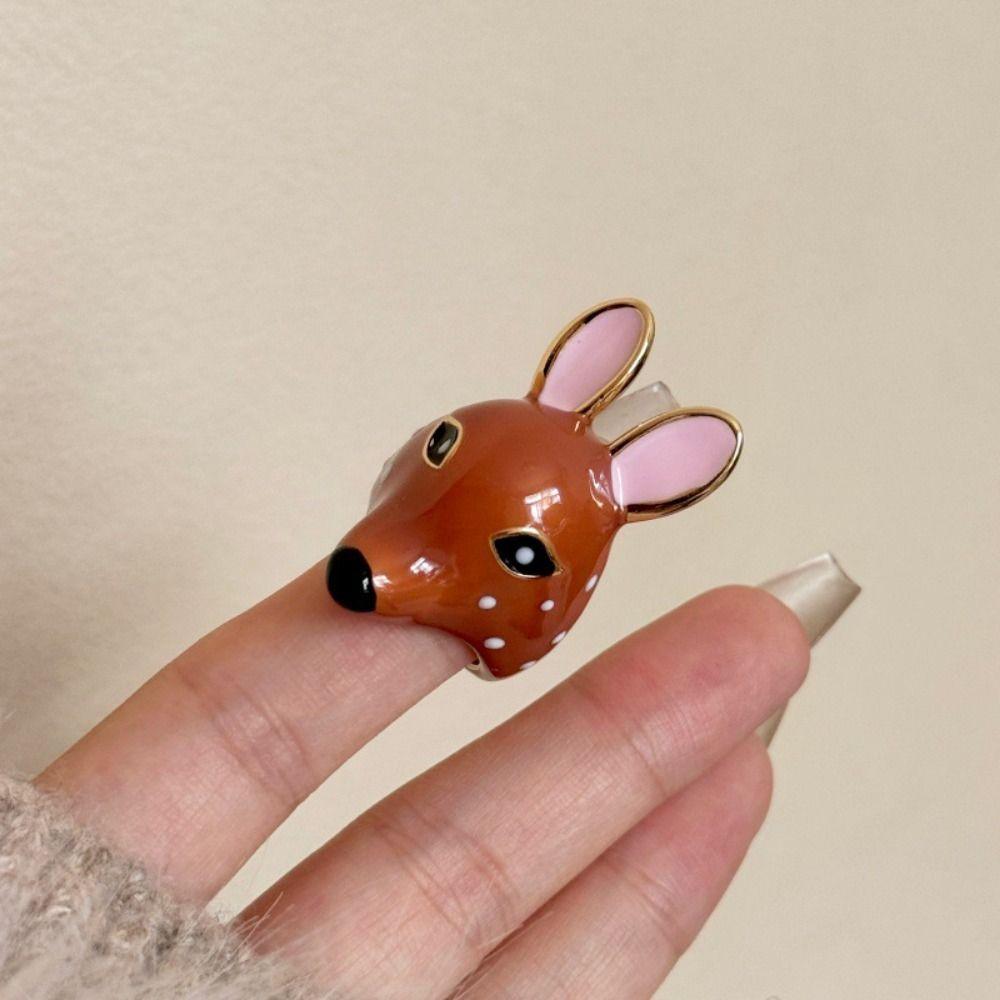 Creative Geometric Deer Drip Oil Ring Brown Opening Enamel Ring Animal Minority Design Chunky Animal Ring Decoration