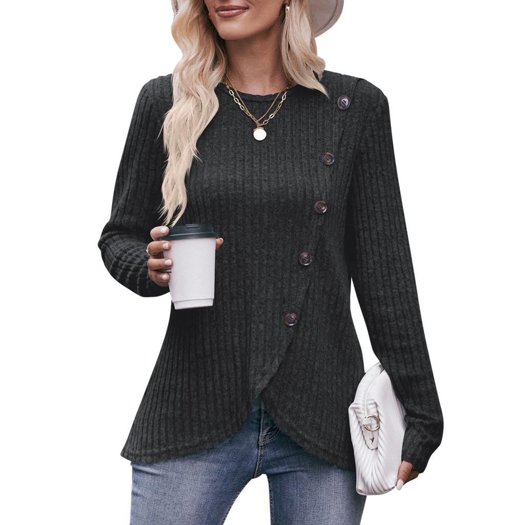 Женская эластичная трикотажная футболка с круглым вырезом в рубчик, модная однотонная футболка на пуговицах с нерегулярным низом