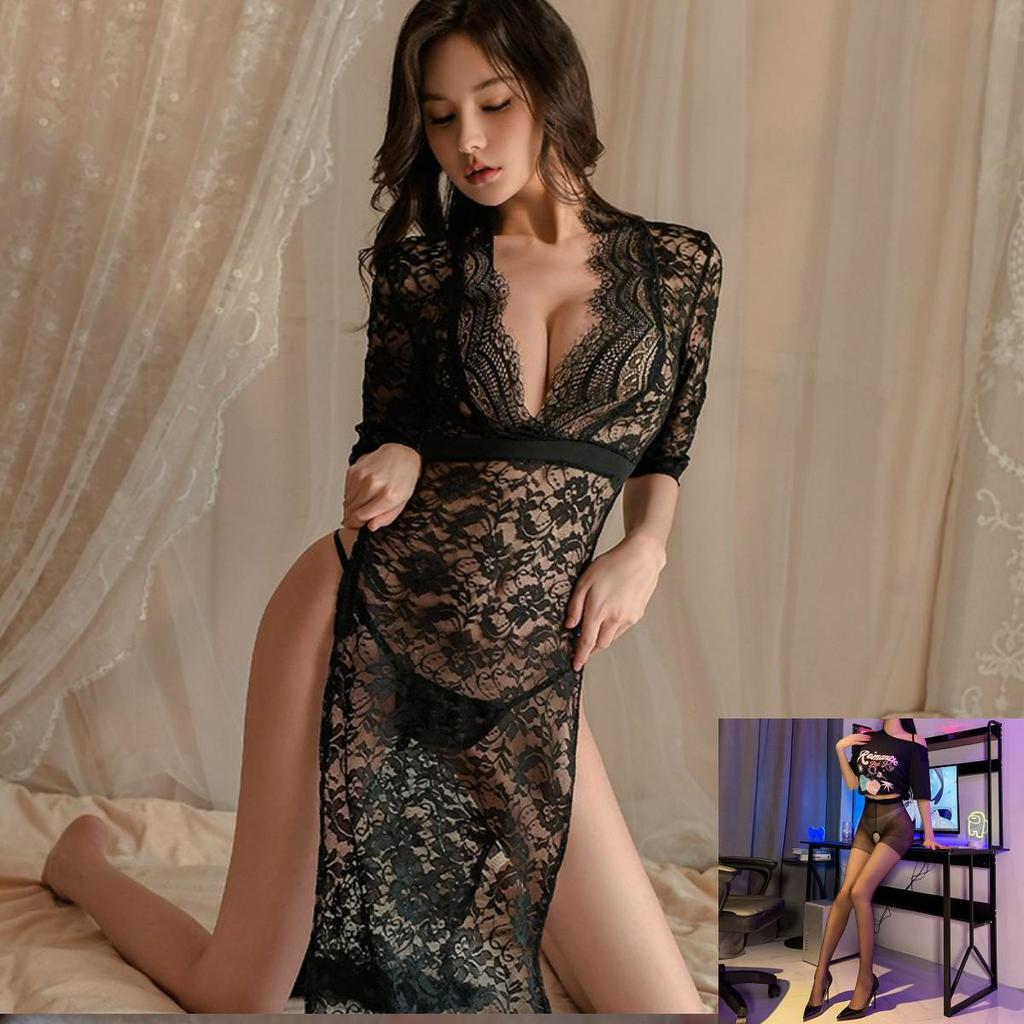 Elegant Lace Temptation Long Dress with Side Slit - Women's Sexy Nightgown Sleepwear