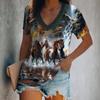 Летние футболки с принтом животных и лошадей в формате 3D, женская повседневная модная уличная футболка с коротким рукавом и V-образным вырезом