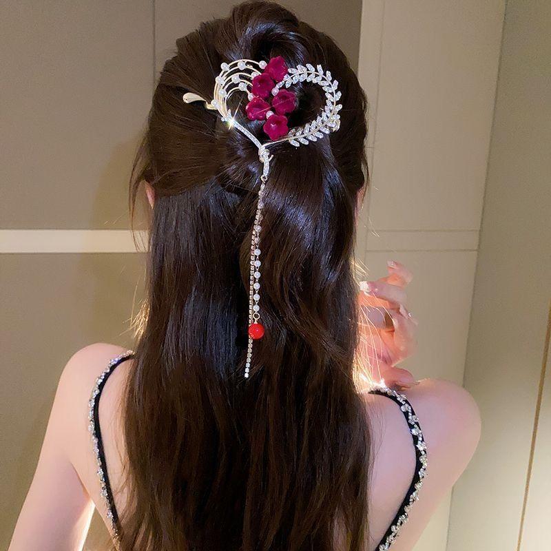 Женская красная кисточка с цветком, жемчуг, изысканная заколка-автомат для волос для женщин, рождественские заколки, зажим для волос, головной убор для невесты на Новый год
