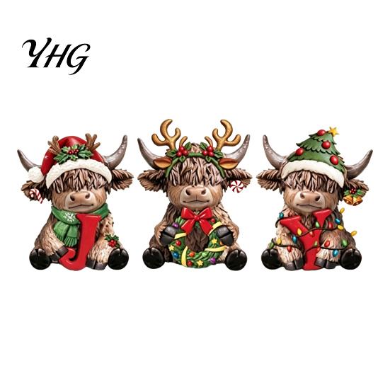 Retro Cartoon Style Ornaments 2/3Pcs Christmas Highland Cow Wooden Tabletop Sign, 2D Flat Yak Indoor Holiday Scene Decorations Figurine Ornament with