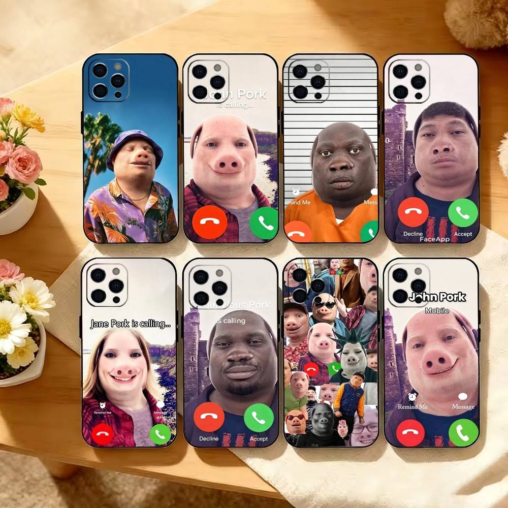 Смешной Чехол для Телефона J-John Pork is Calling Для iPhone 17,16,15,14,13,12,11 Plus,Pro Max,XS,Мягкий Силиконовый Черный Чехол