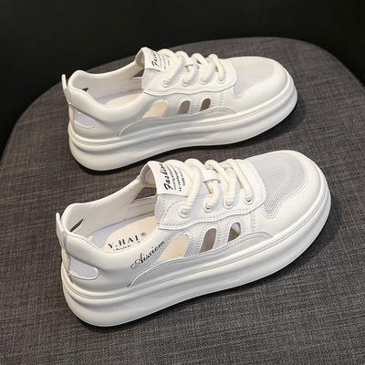 Baotou Sports Sandals Women's Hollow Breathable Hollow Shoes Summer New Толстая подошва Leather Mesh White Board Shoes