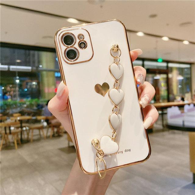 Чехол для телефона с мягким покрытием Love Heart для Iphone 14 13 12 11 Pro Max Xs Max Xr 14 Plus 14pro, противоударный чехол для браслета-цепочки на запястье