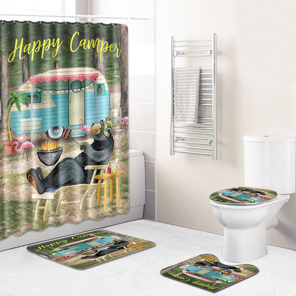Home Waterproof Print Shower Curtain 4 Piece Carpet Cover Toilet Cover Bath Mat Pad Set Bathroom Curtain Bathroom Decoration