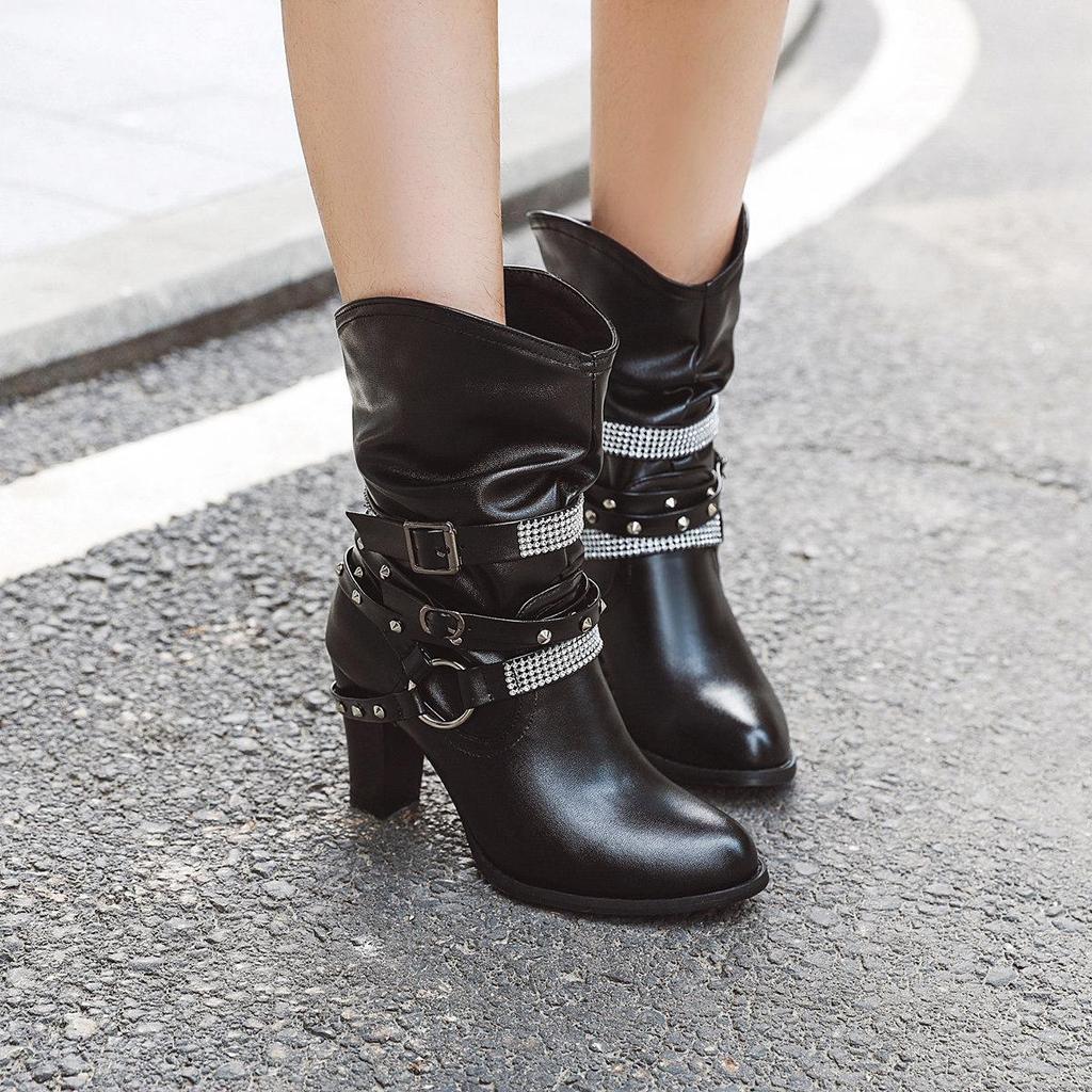 J/зимние новые короткие сапоги на высоком толстом каблуке с круглым носком, европейские и американские декоративные женские ботинки в стиле фэн-шуй с бриллиантовым поясом