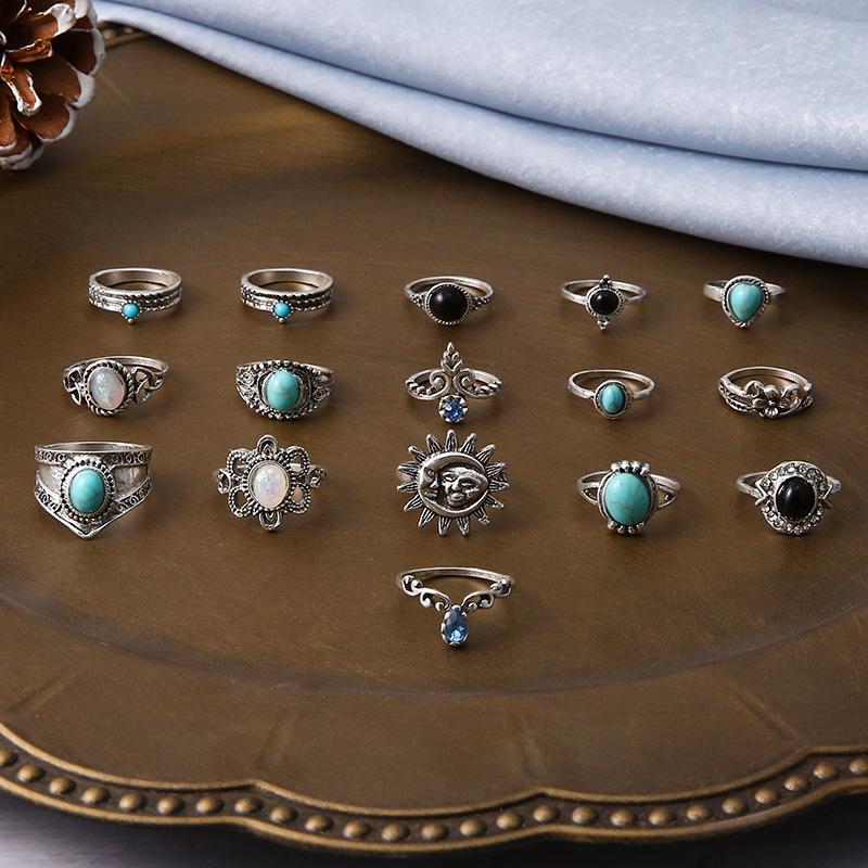 European and American Turquoise Ring Retro Bohemian Geometric Turquoise Ring Micro-set Tail Ring