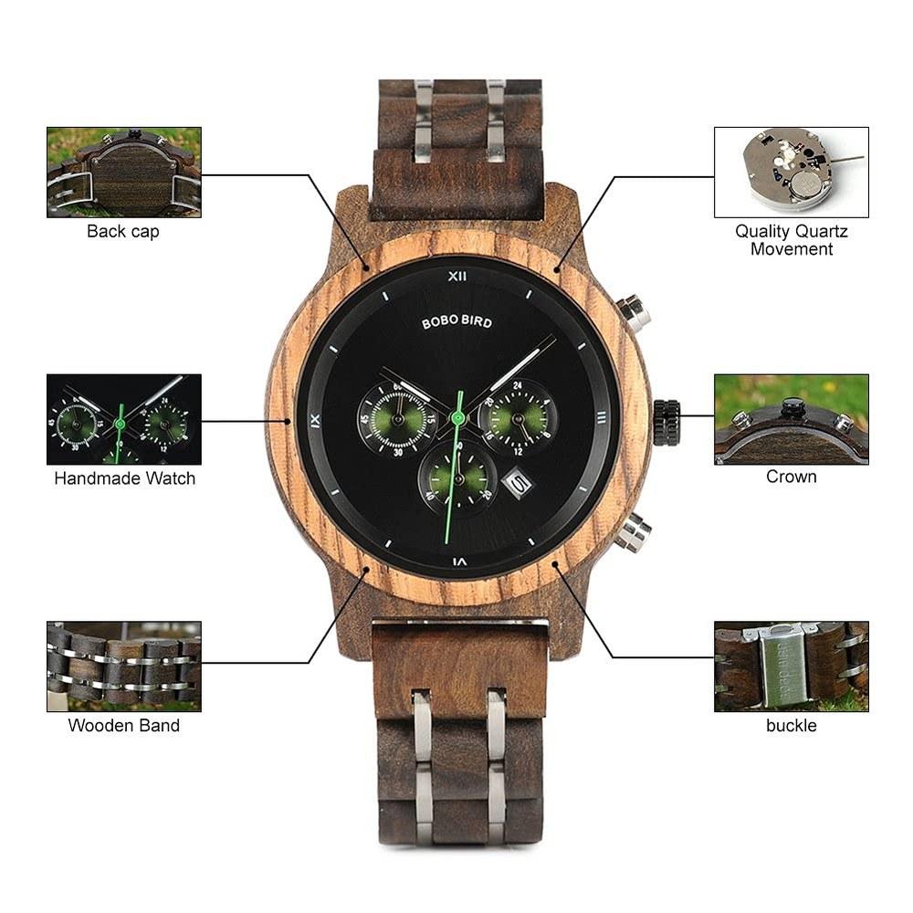 Wooden Couple Watch Set - Analog Quartz Chronograph, Lightweight Date Display, Stopwatch, Gift Box Included, Black & Black