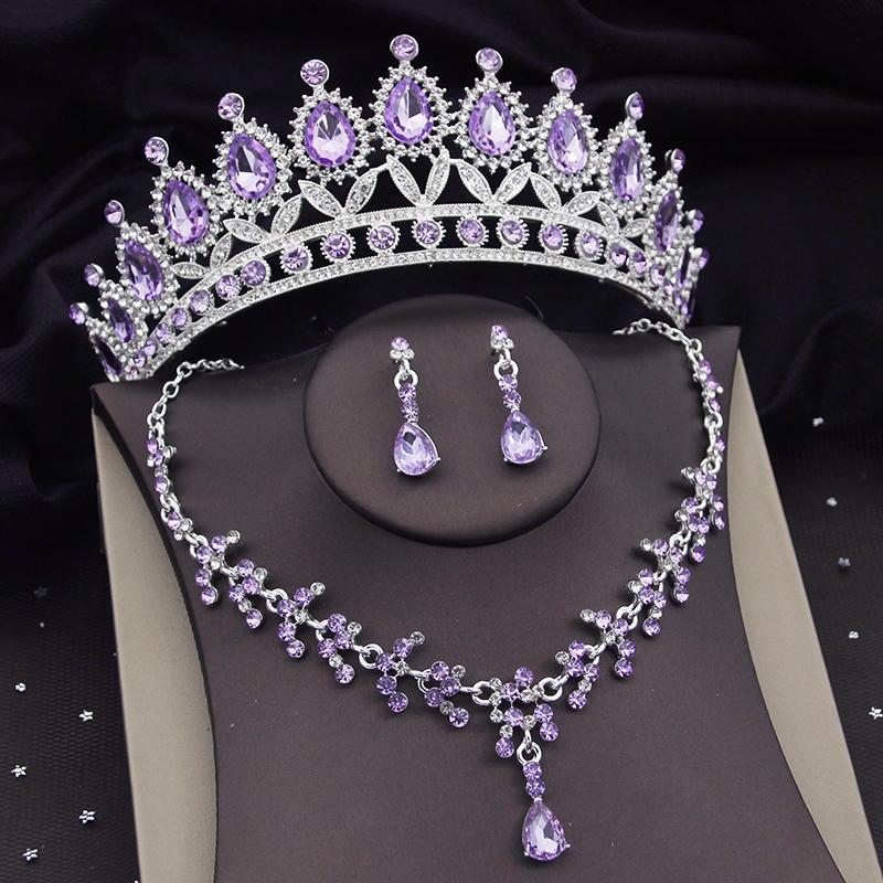 Роскошные серебряные цвета, фиолетовые, хрустальные свадебные комплекты украшений для женщин, золотые диадемы, корона, ожерелье, серьги, свадебные комплекты