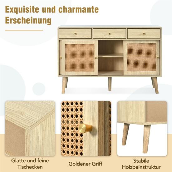 Wide Storage Organizer Cabinet Sideboard, Chest of Drawers with 3 And Sliding Doors, Rattan Wickerwork on The Door Fronts, Solid Wood Legs,